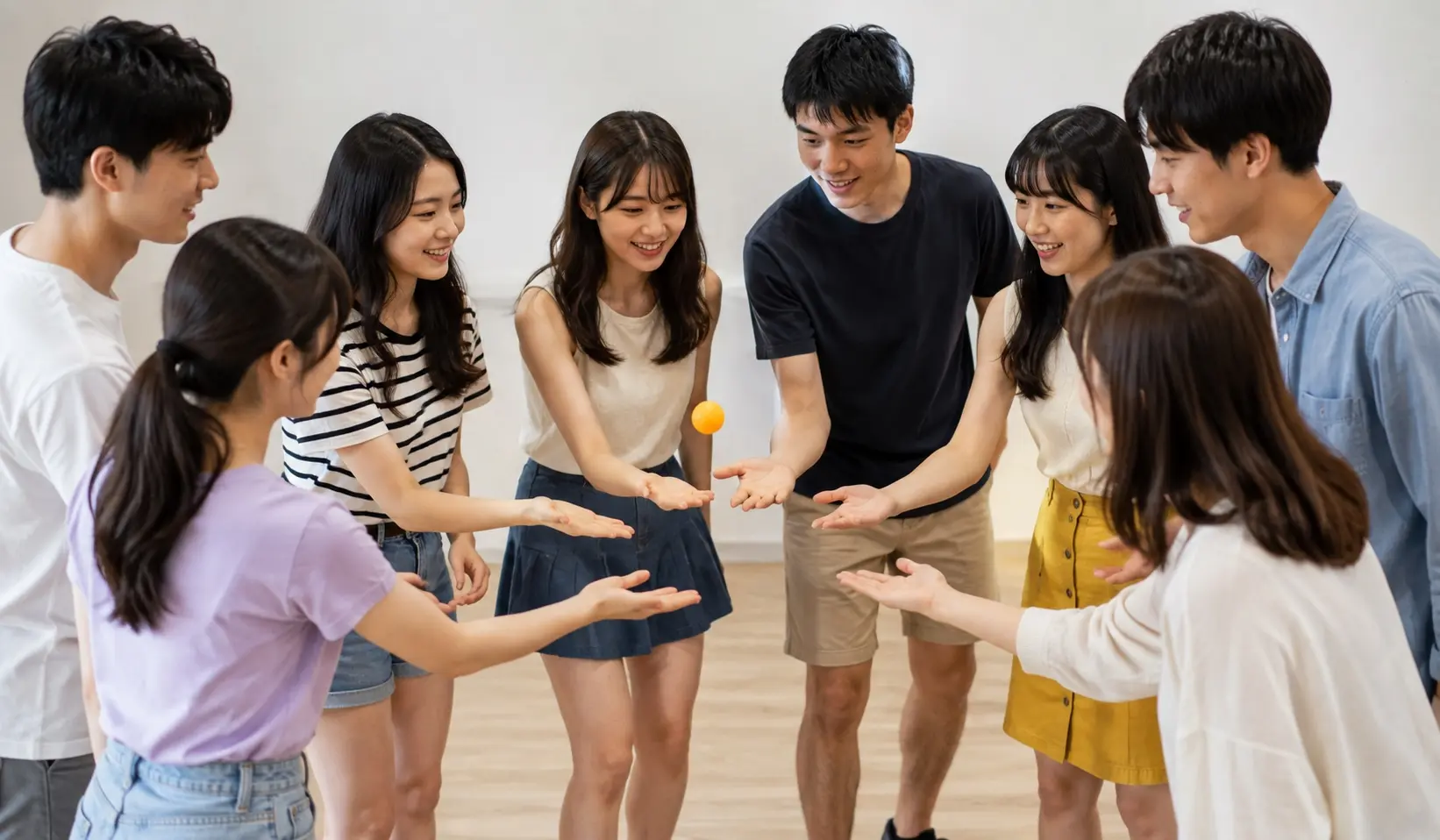 8至10人小組用乒乓球進行合力摸球合作解難遊戲