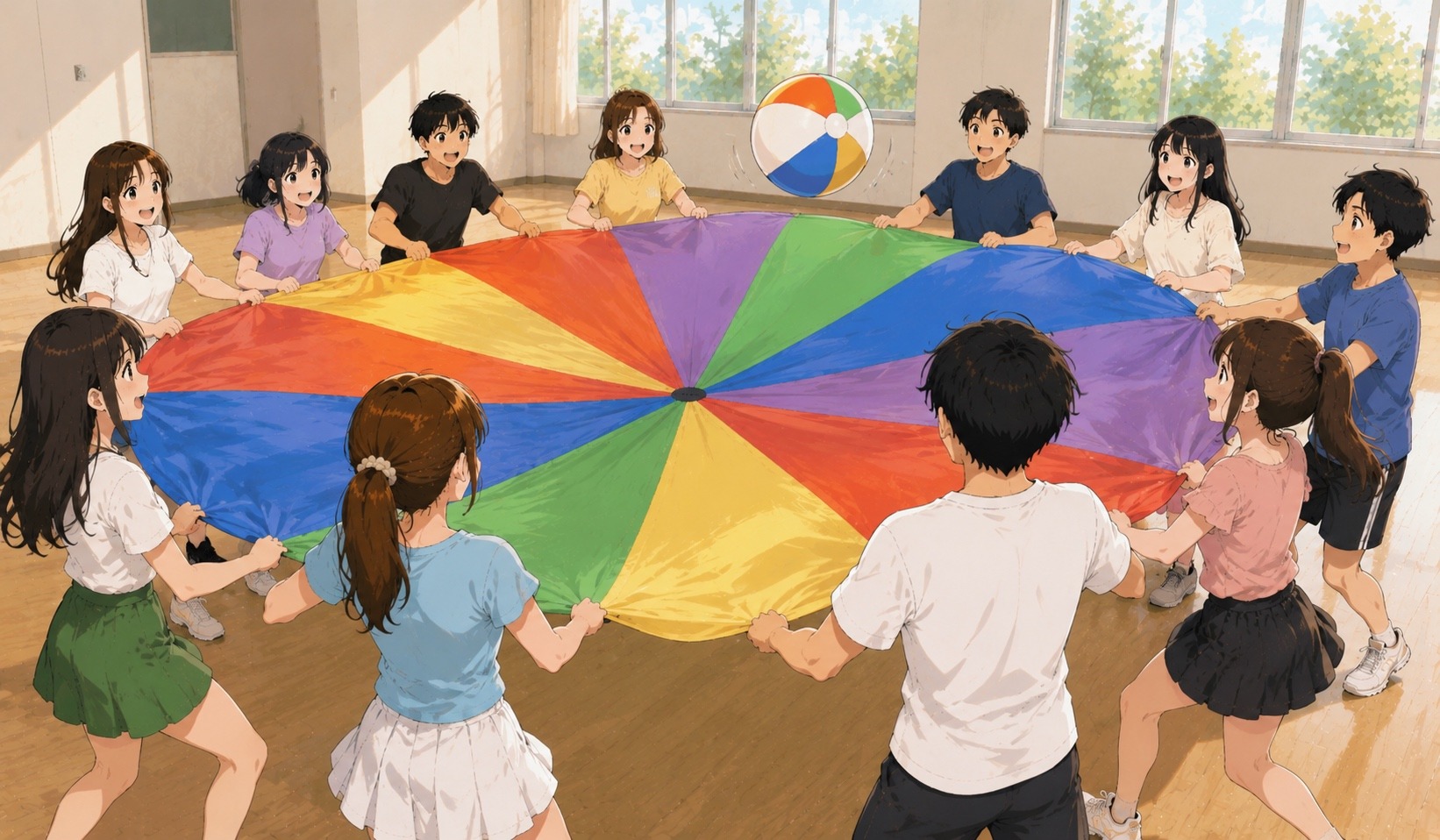 國小學生和帶領者一起進行彩虹傘合作團康遊戲
