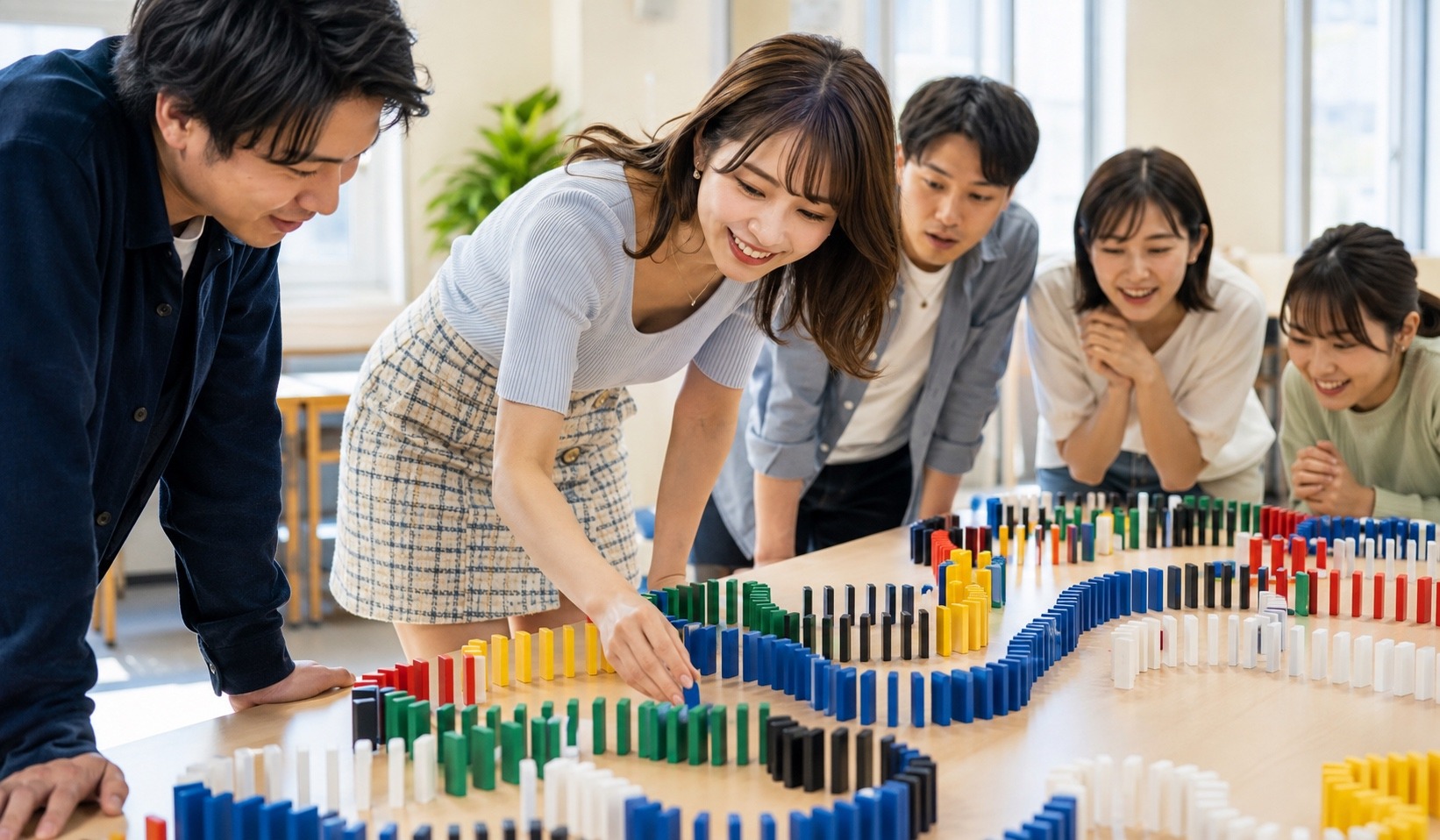小組在桌面排列骨牌進行因小失大連鎖解難遊戲