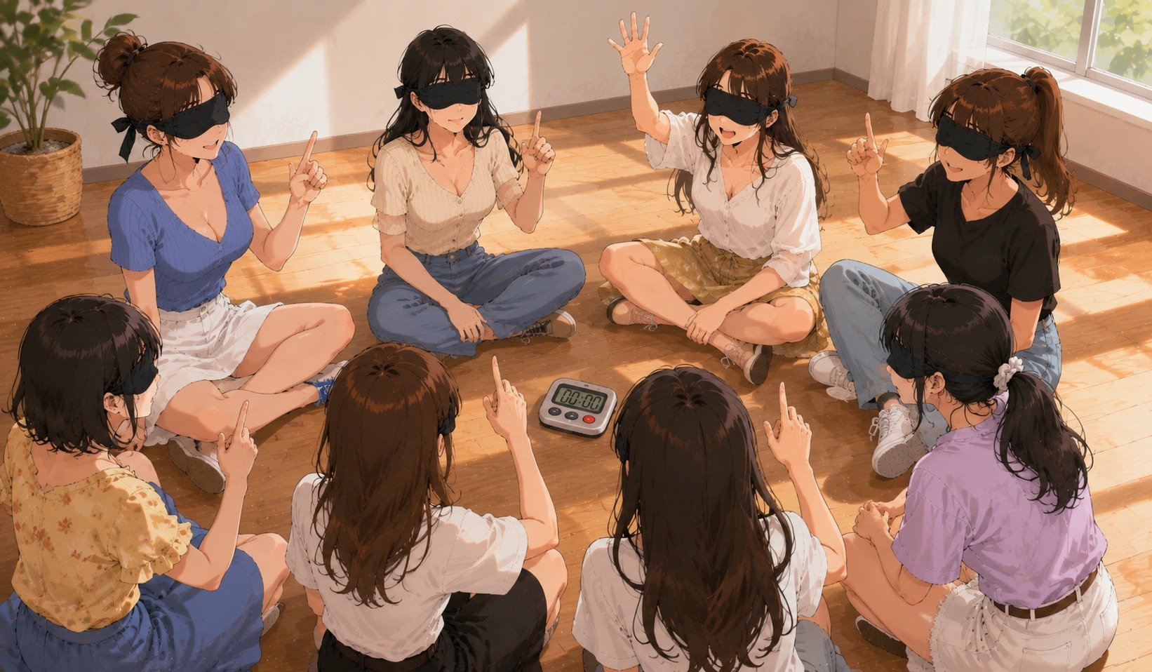 孩子戴上眼罩圍圈進行蒙眼倒數解難遊戲