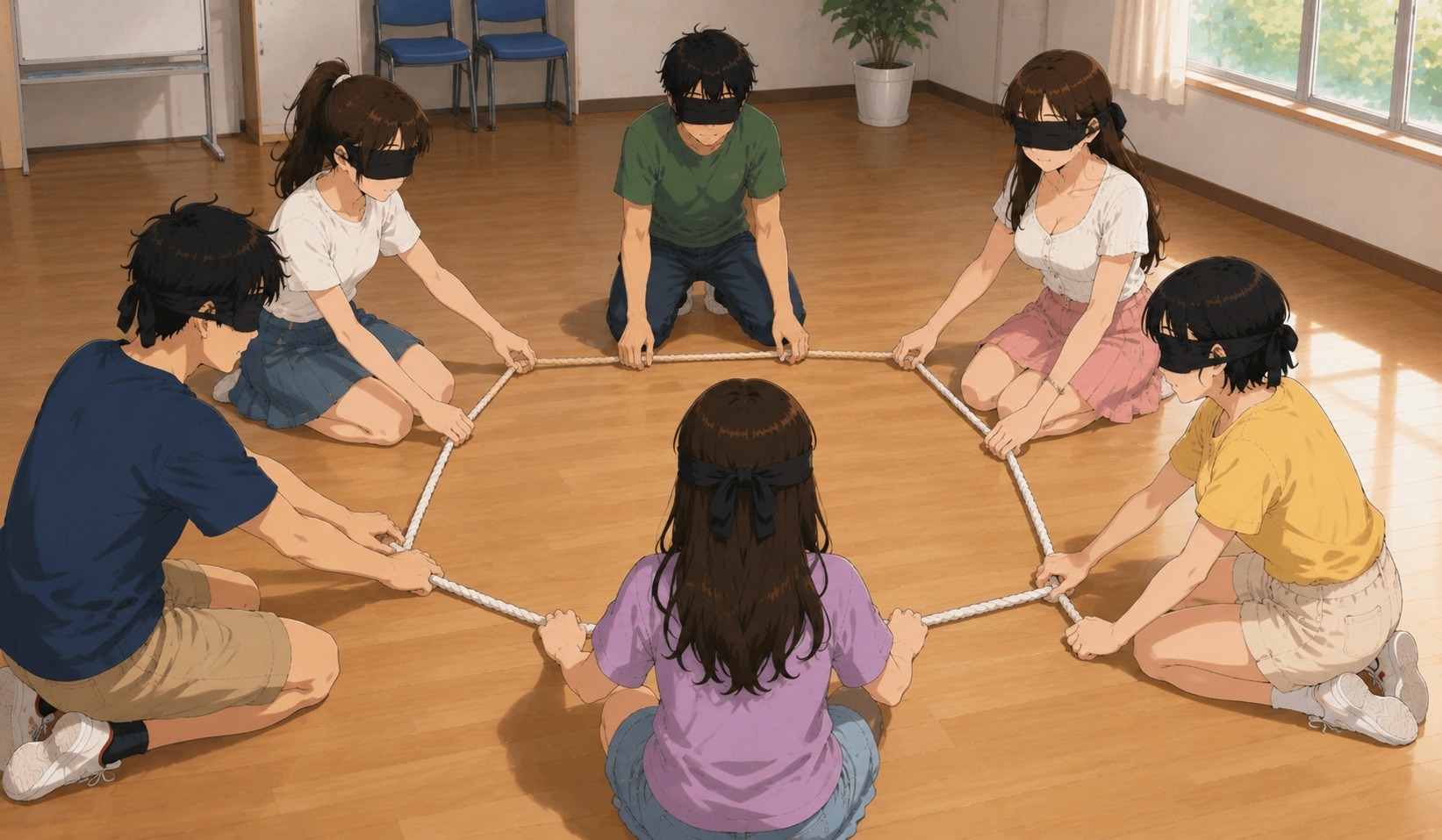 參加者蒙眼合作用繩子排出方形