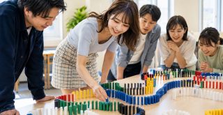 小組在桌面排列骨牌進行因小失大連鎖解難遊戲